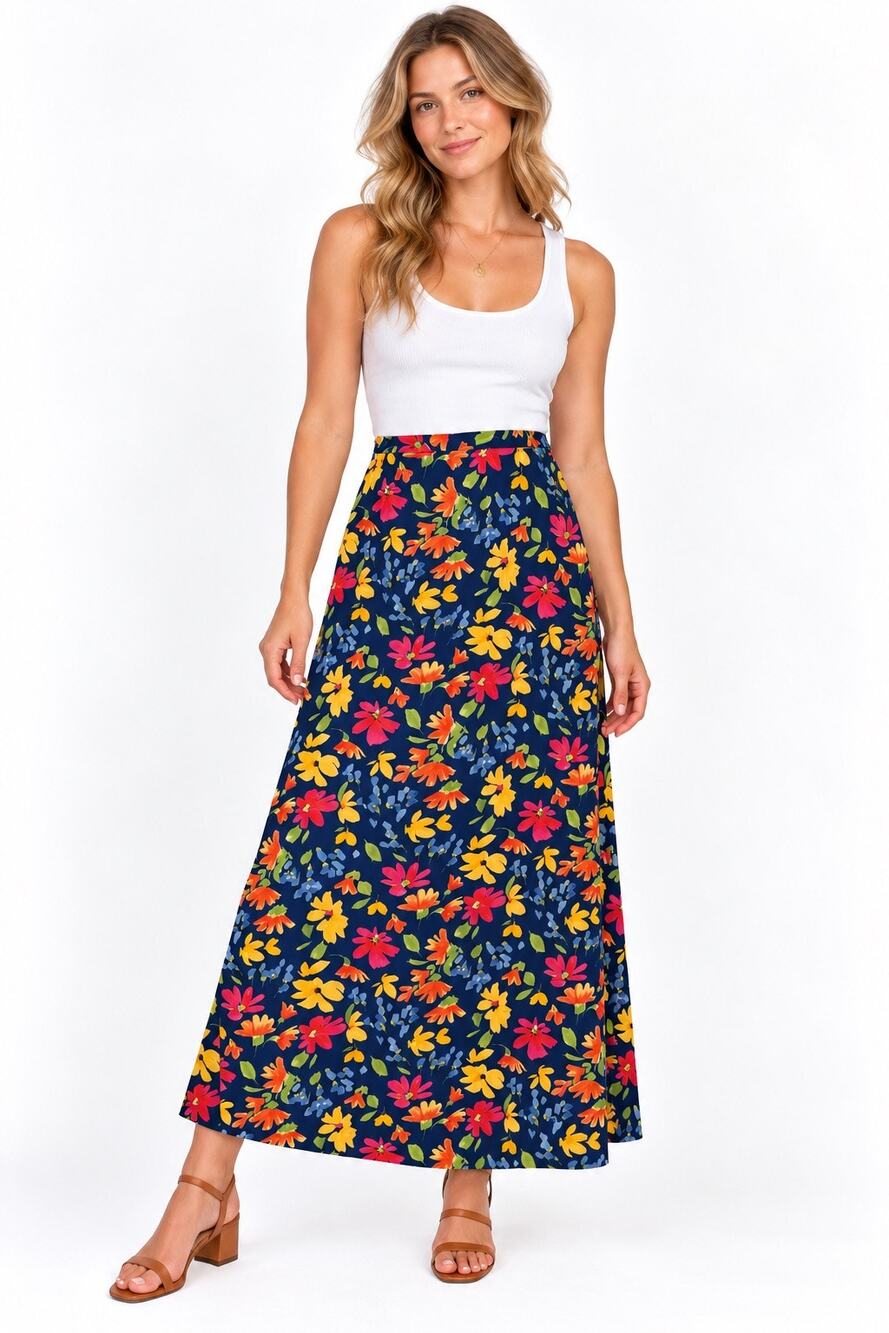 Vintage ‘90s Casual Corner Navy Floral Print Boho Cottagecore A-Line Maxi Skirt